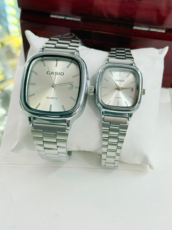 Casio Men & Ladies Couple Watch – Silver Couple – Bright Blue Dial