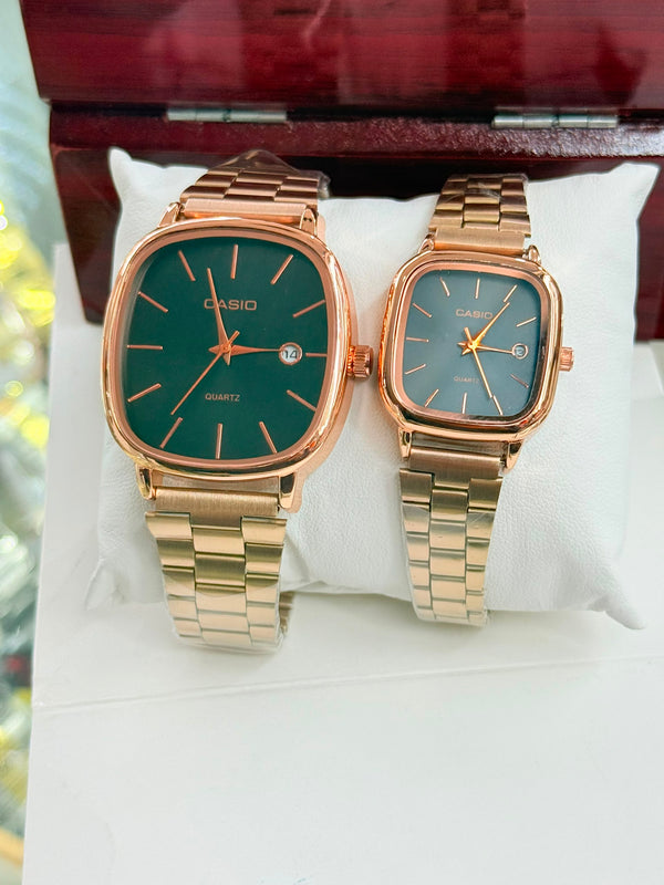 Casio Men & Ladies Couple Watch – Silver Couple – Green & Black Dial
